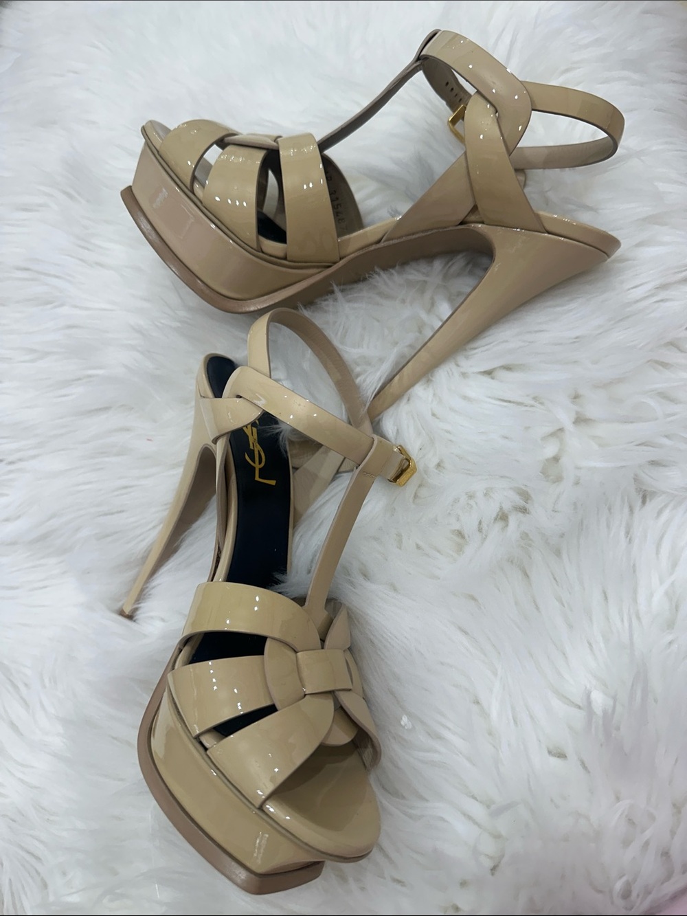 Yves Saint Laurent Beige Patent Leather Platform Heels
